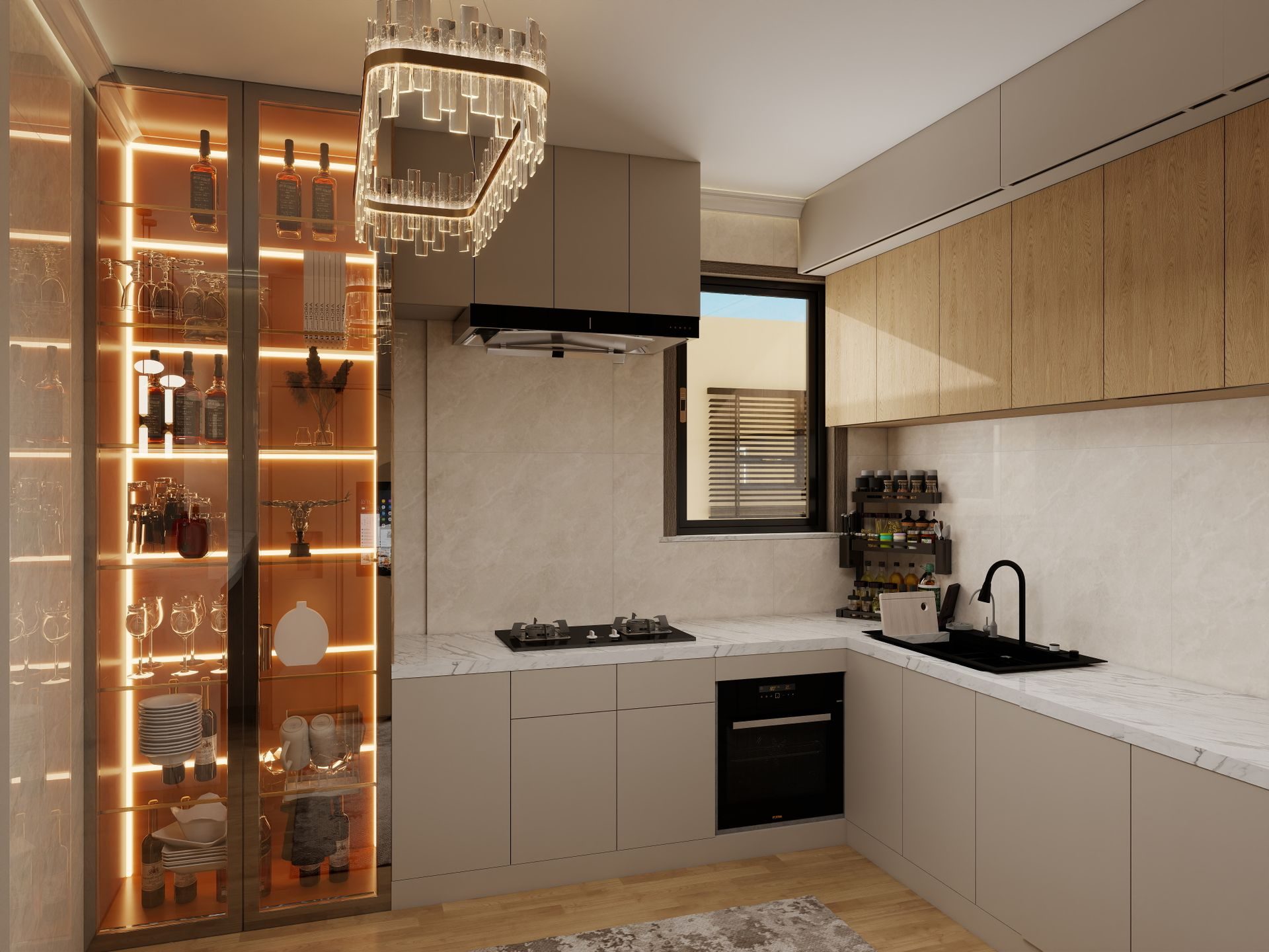 Cocina reformada con iluminación cálida